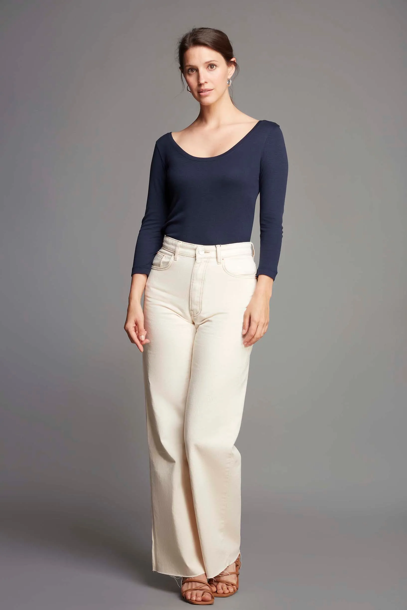 3/4 Sleeve Boat Neck Cotton Modal Blend T-Shirt - Image 3