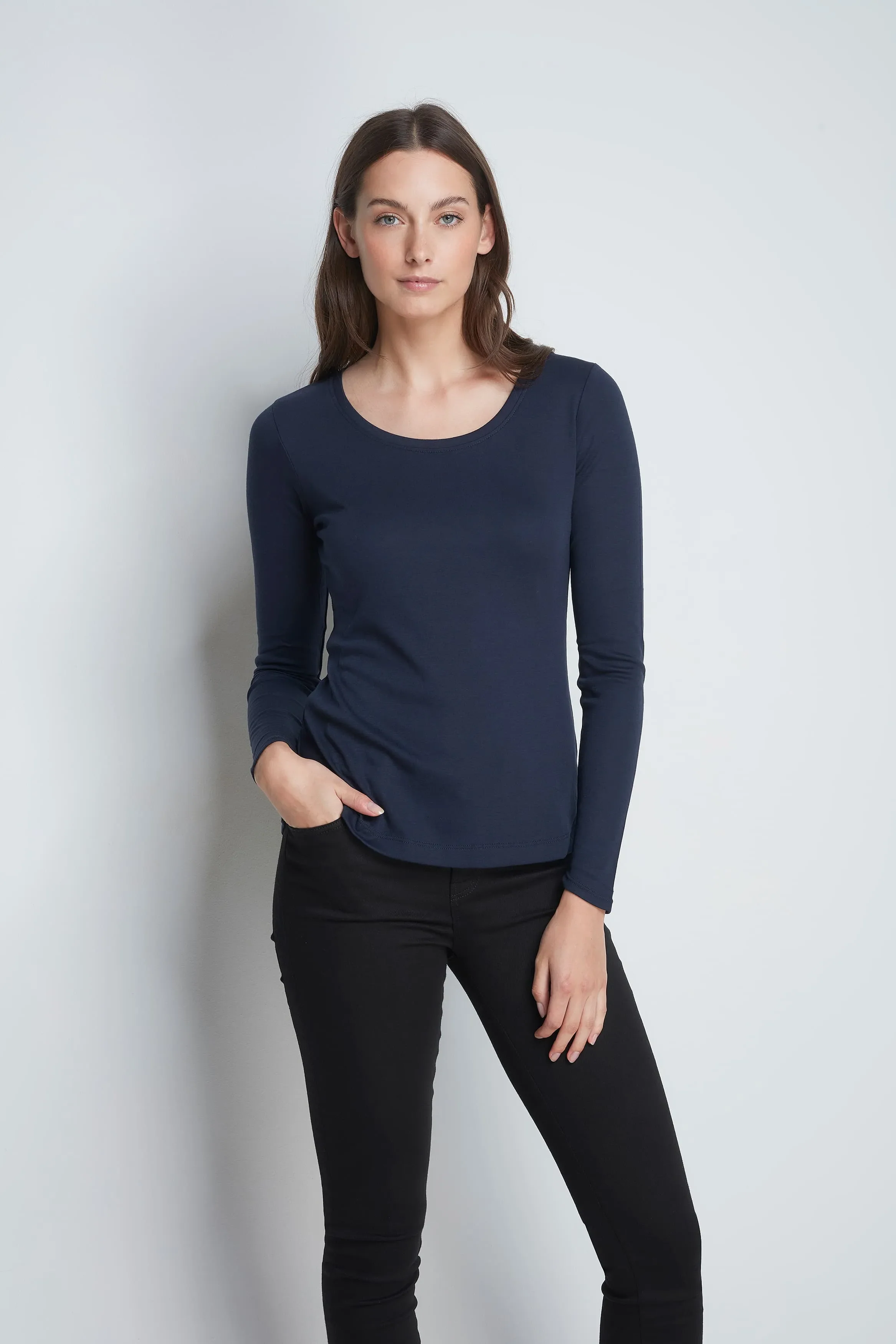 Long Sleeve Scoop Neck Cotton Modal Blend T-shirt - Image 3