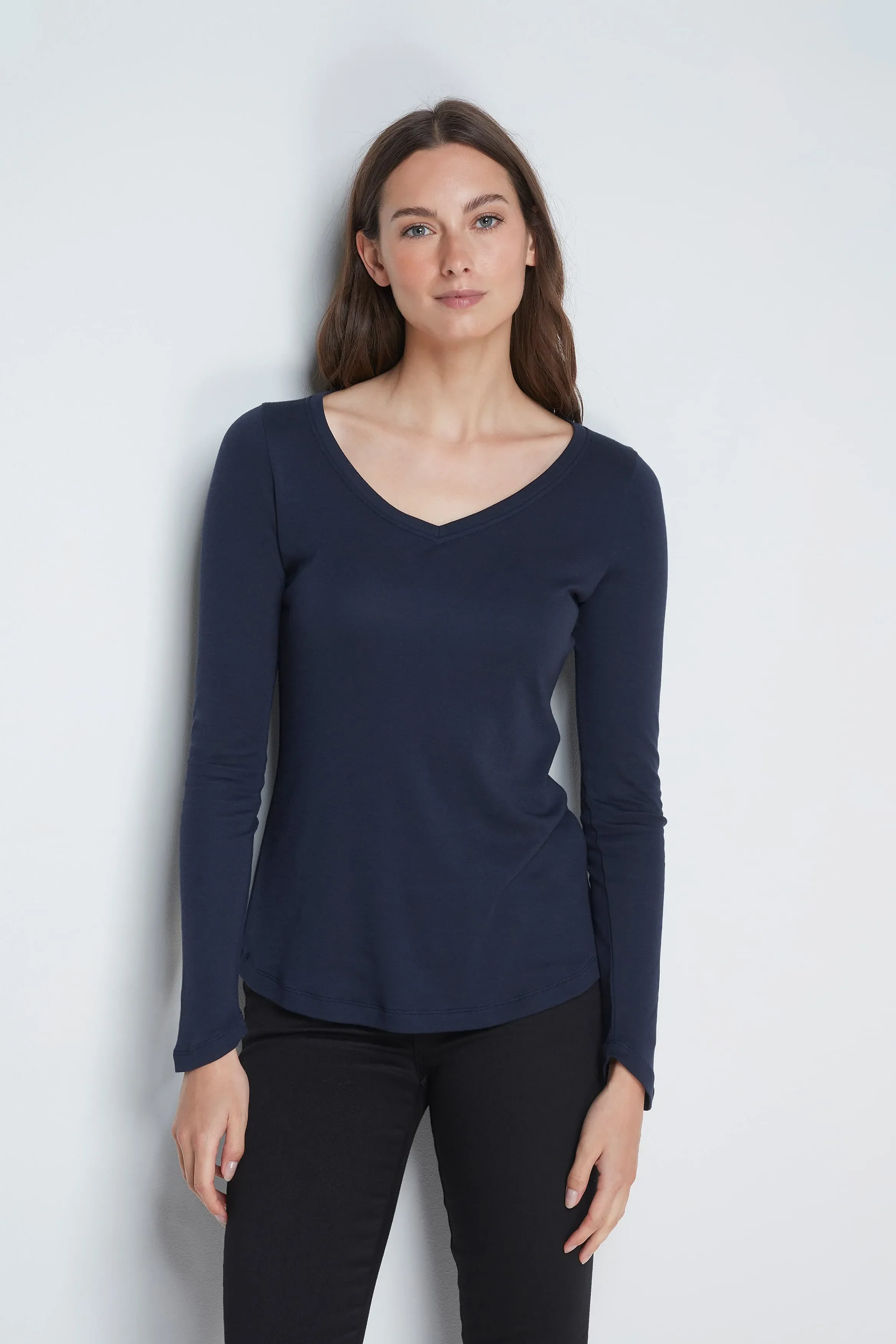 Long Sleeve V Neck Cotton Modal Blend T-shirt - Image 7